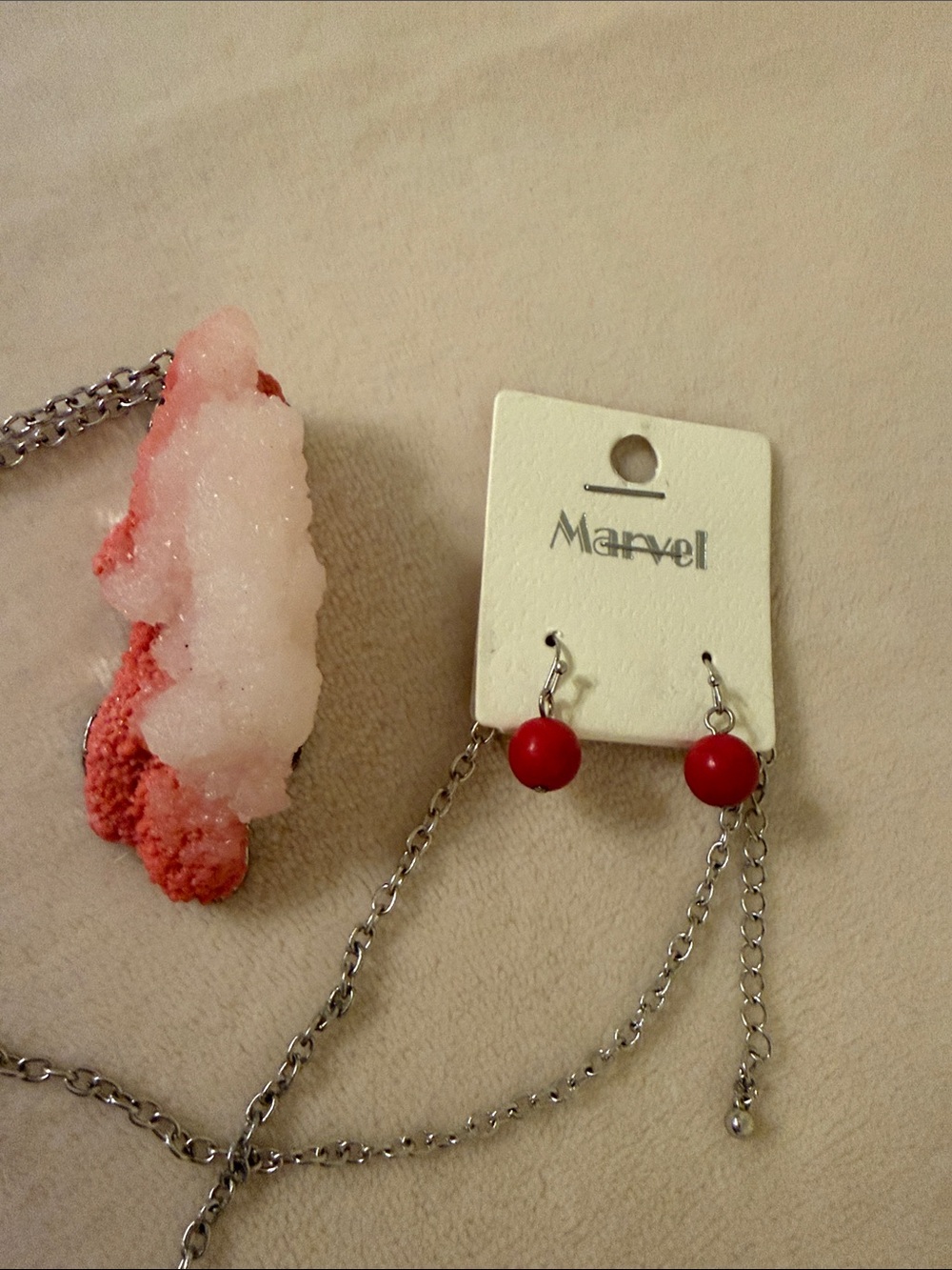 Marvel Red Bead earrings & Necklace with Silver Chains